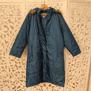 Totes long teal blue winter coat with faux fur size large